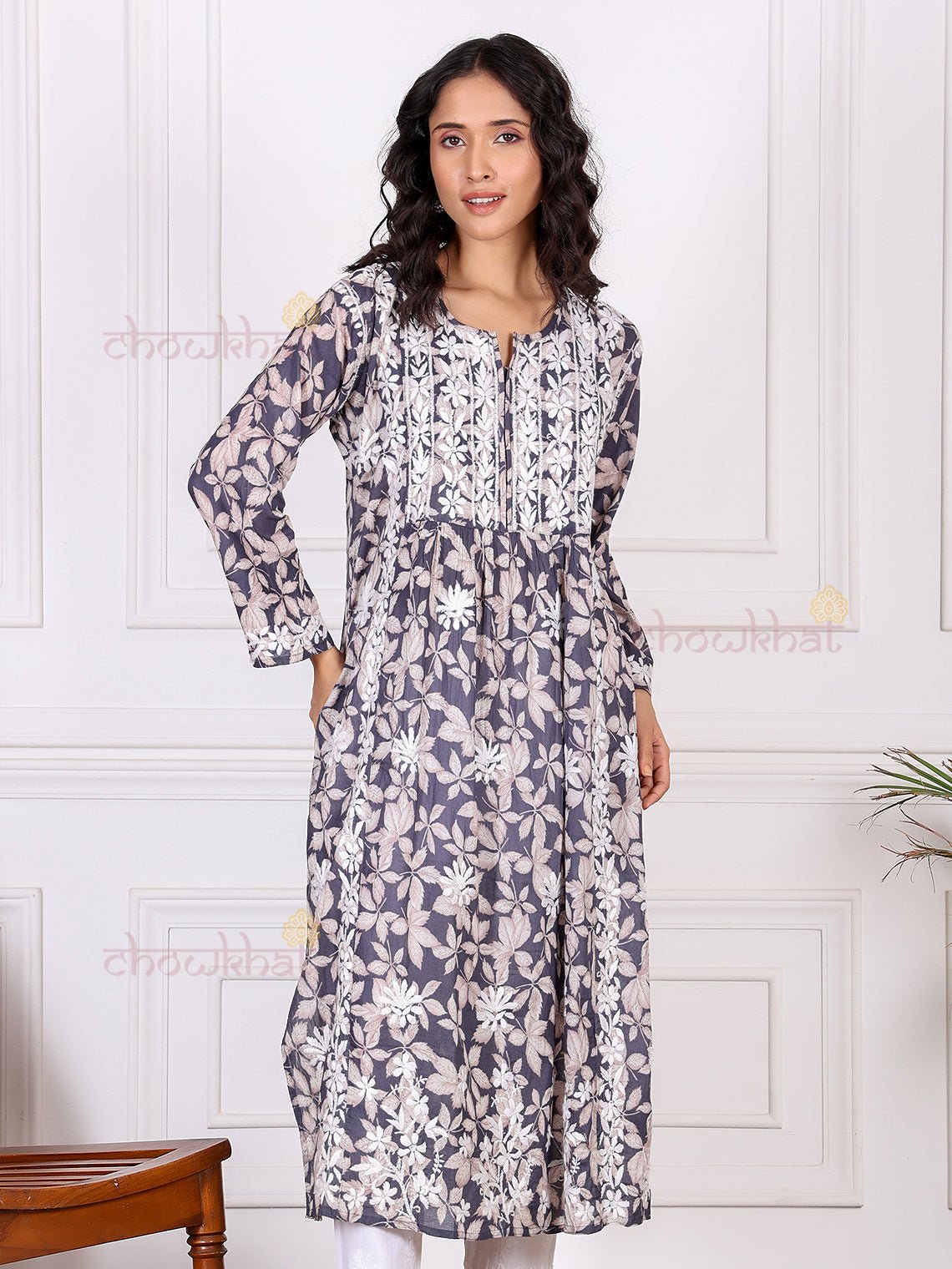 Mahika Mul Cotton Nyra Style Chikankari Kurti - Chowkhat Lifestyle