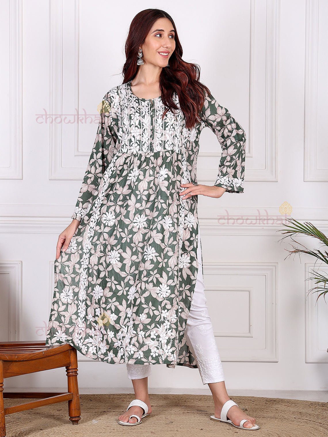 Mahika Mul Cotton Nyra Style Chikankari Kurti - Chowkhat Lifestyle