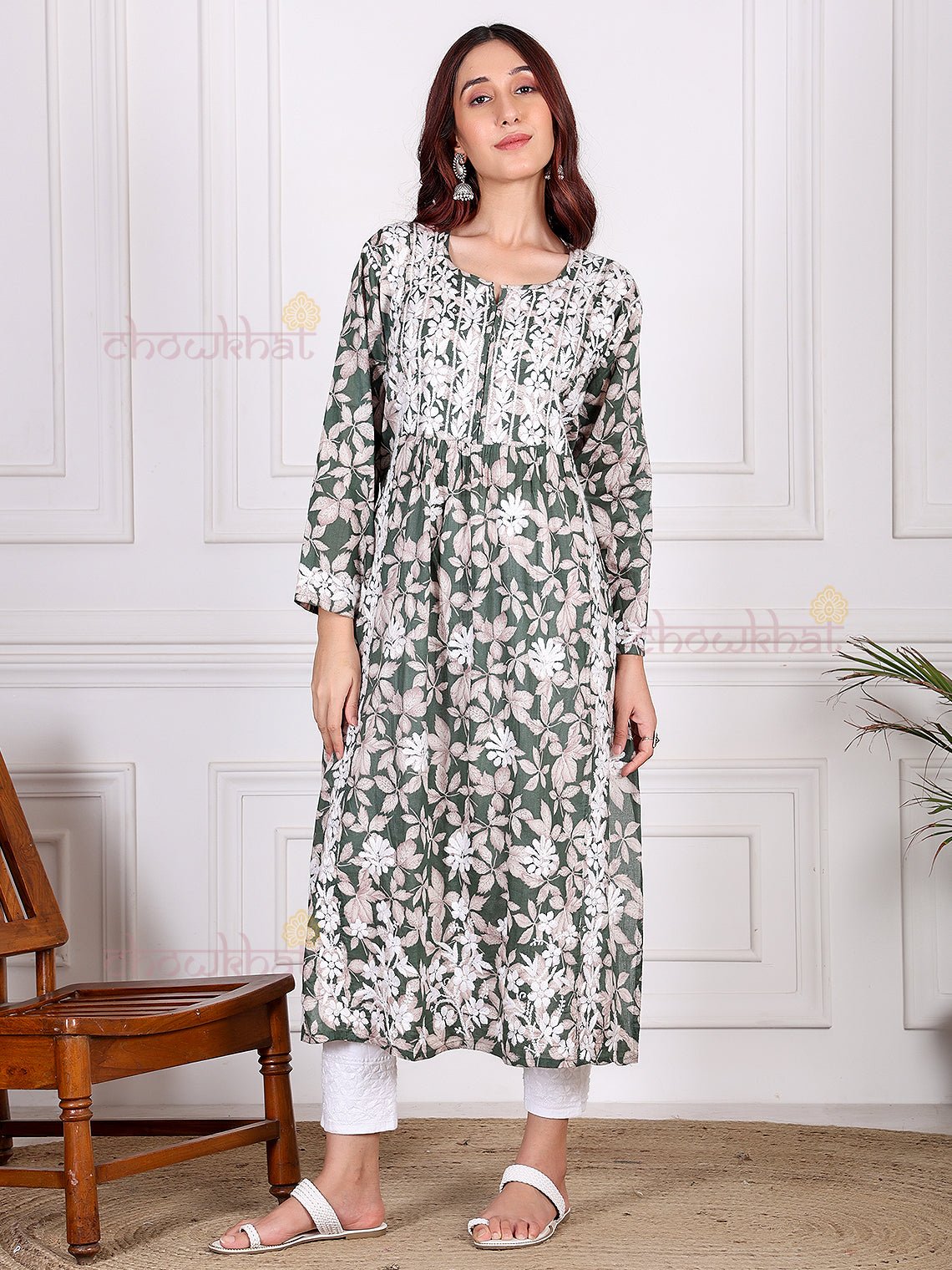 Mahika Mul Cotton Nyra Style Chikankari Kurti - Chowkhat Lifestyle