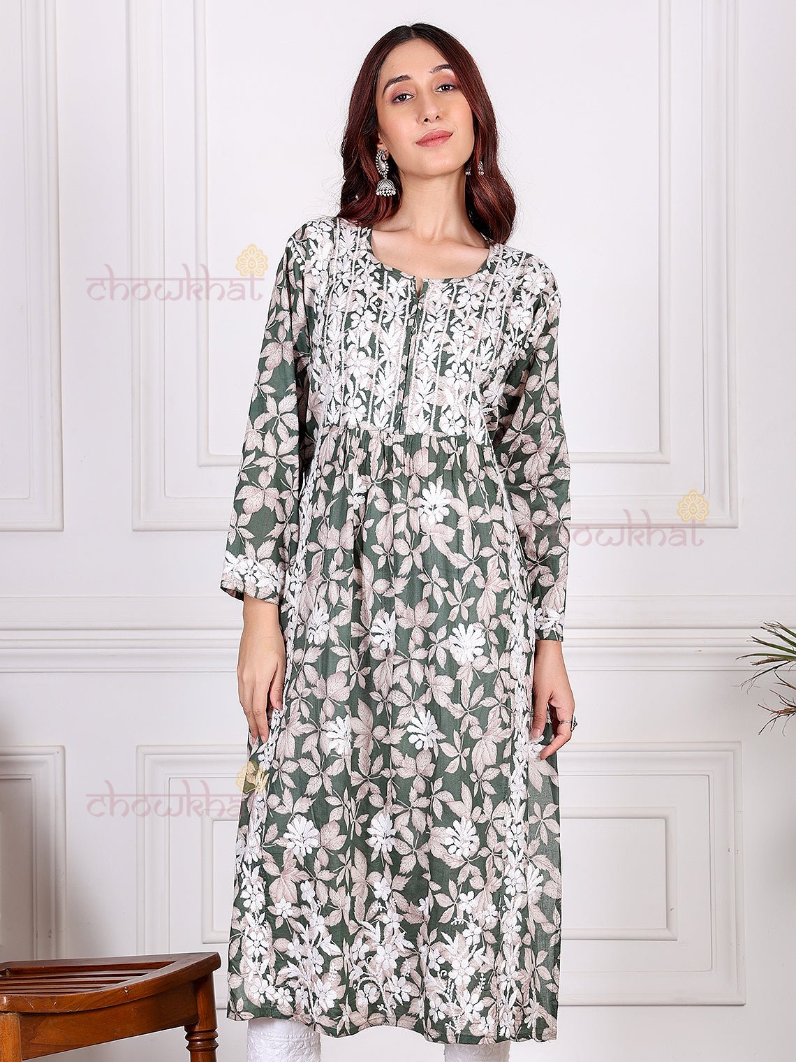 Mahika Mul Cotton Nyra Style Chikankari Kurti - Chowkhat Lifestyle