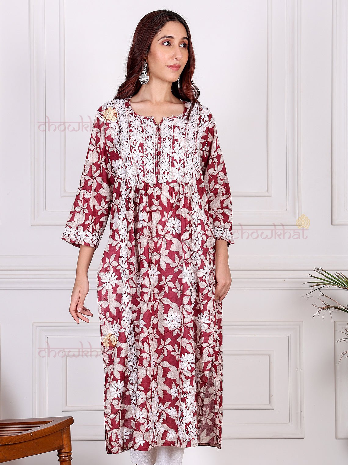 Mahika Mul Cotton Nyra Style Chikankari Kurti - Chowkhat Lifestyle