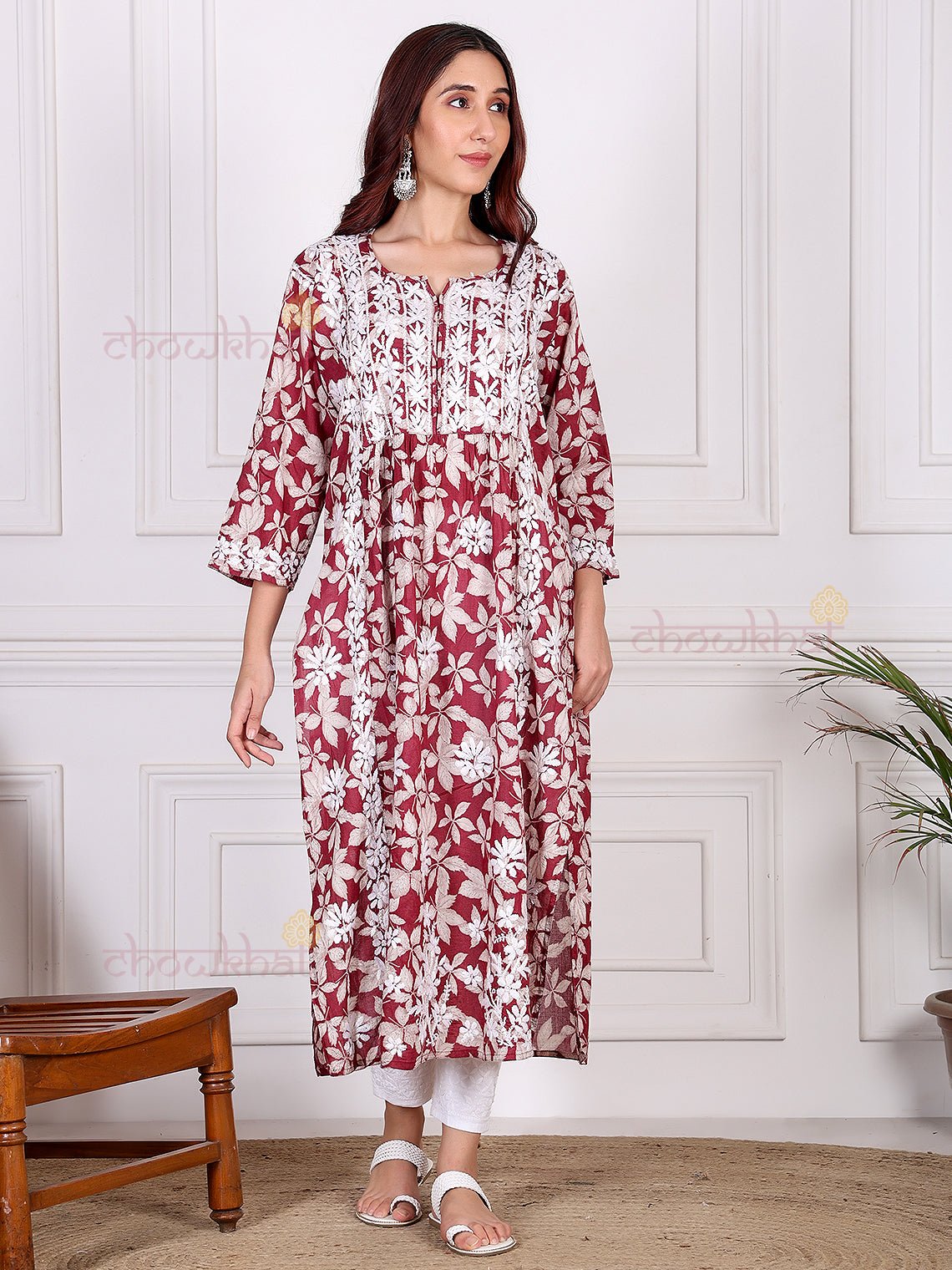 Mahika Mul Cotton Nyra Style Chikankari Kurti - Chowkhat Lifestyle