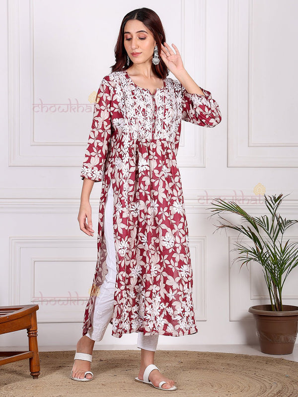 Mahika Mul Cotton Nyra Style Chikankari Kurti - Chowkhat Lifestyle