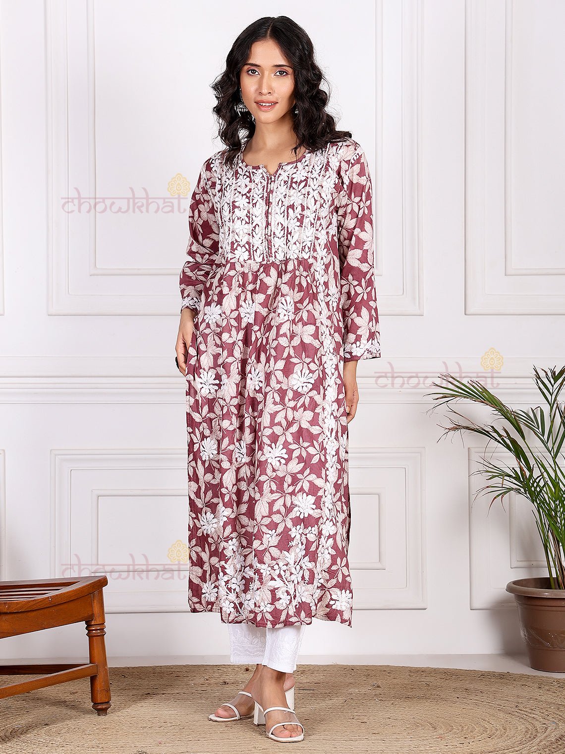 Mahika Mul Cotton Nyra Style Chikankari Kurti - Chowkhat Lifestyle