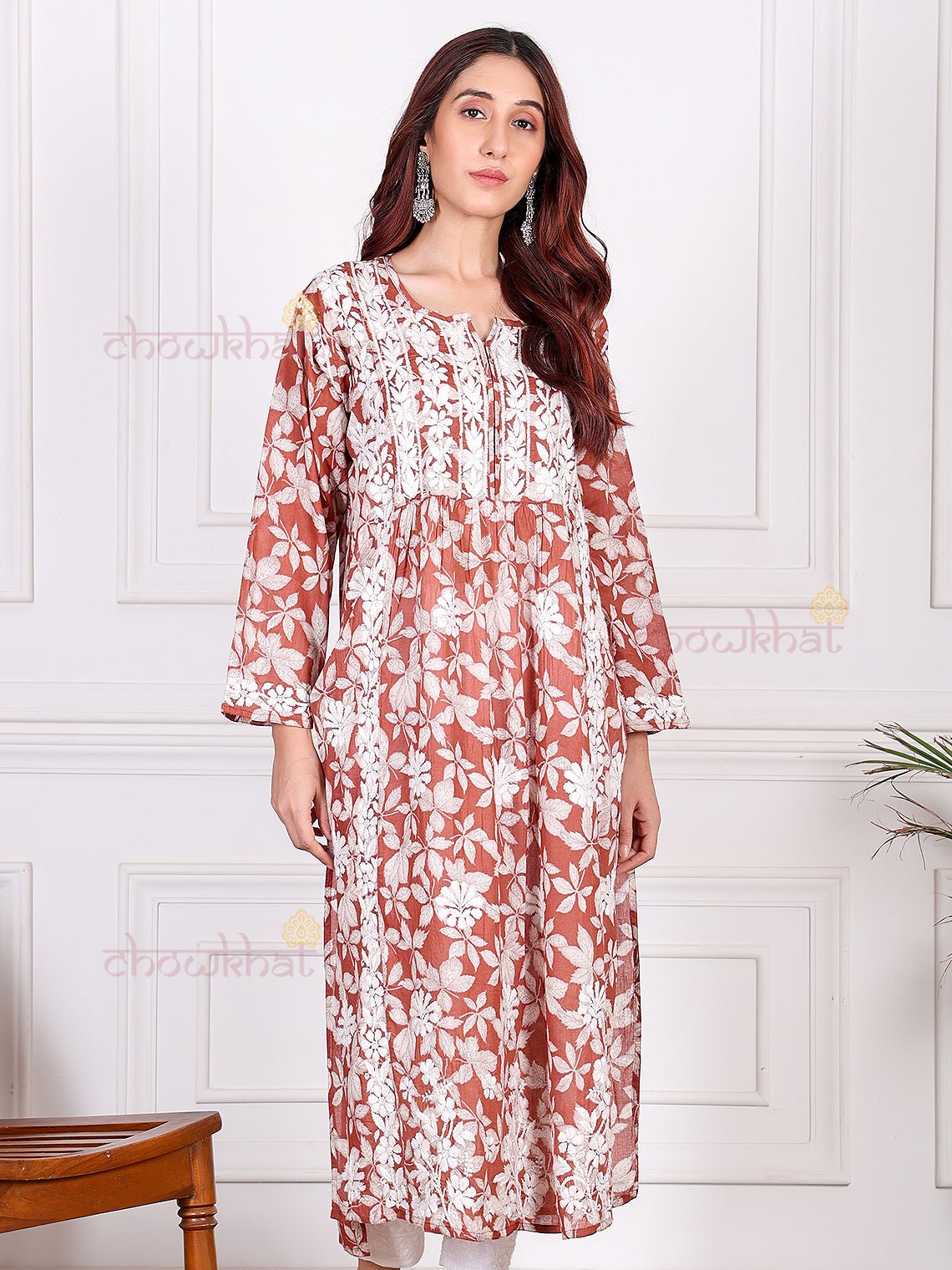 Mahika Mul Cotton Nyra Style Chikankari Kurti - Chowkhat Lifestyle