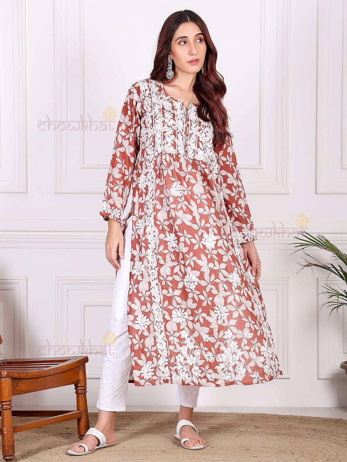 Mahika Mul Cotton Nyra Style Chikankari Kurti - Chowkhat Lifestyle