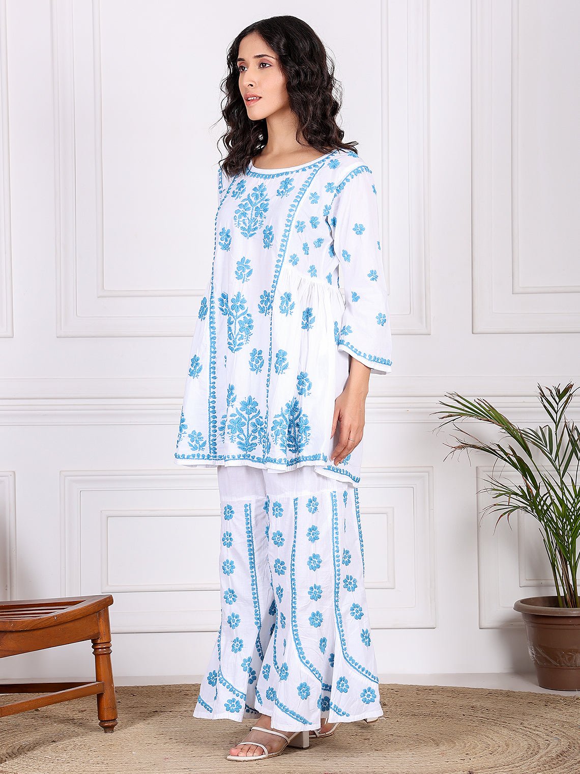 Adaa Cotton Chikankari Kurti & Palazzo Set - Chowkhat Lifestyle