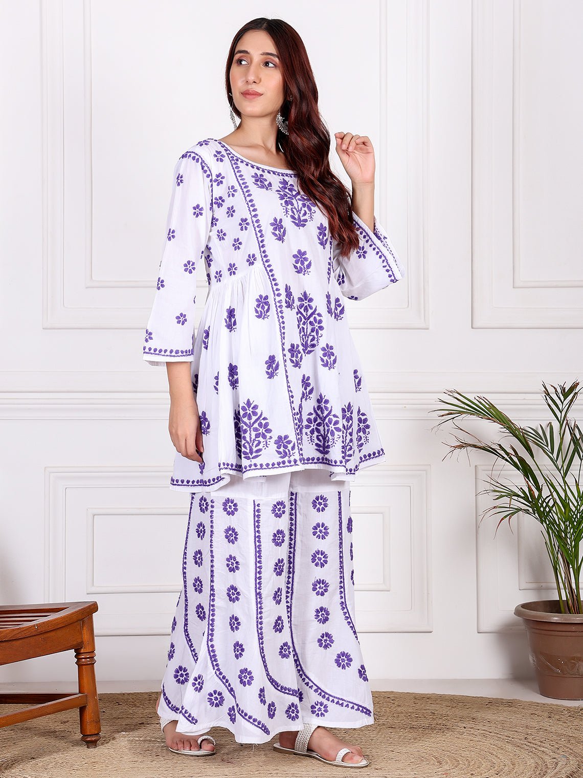 Adaa Cotton Chikankari Kurti & Palazzo Set - Chowkhat Lifestyle