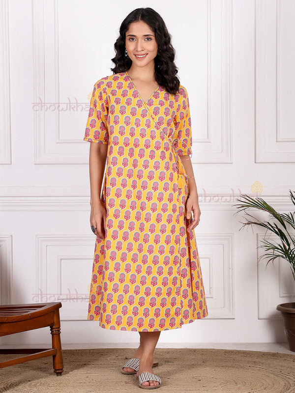 Adiva Hand Printed Angrakha Dress with Handwork - Chowkhat Lifestyle