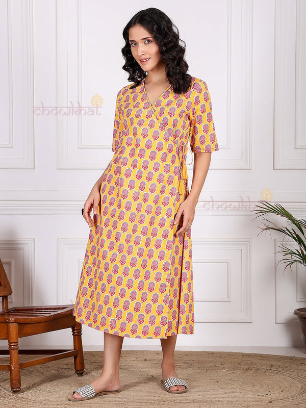 Adiva Hand Printed Angrakha Dress with Handwork - Chowkhat Lifestyle