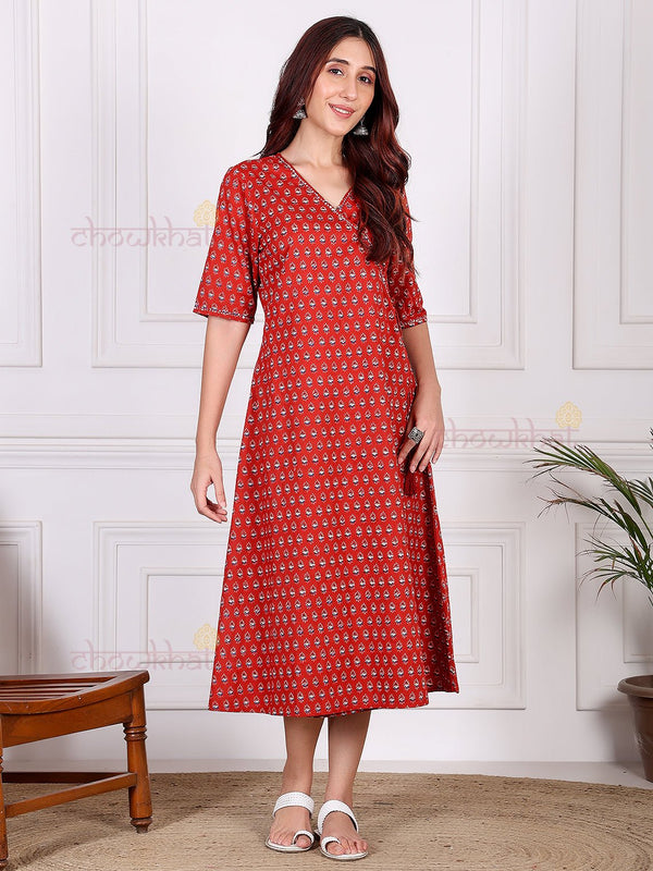 Aalia Hand Printed Angrakha Dress with Handwork - Chowkhat Lifestyle