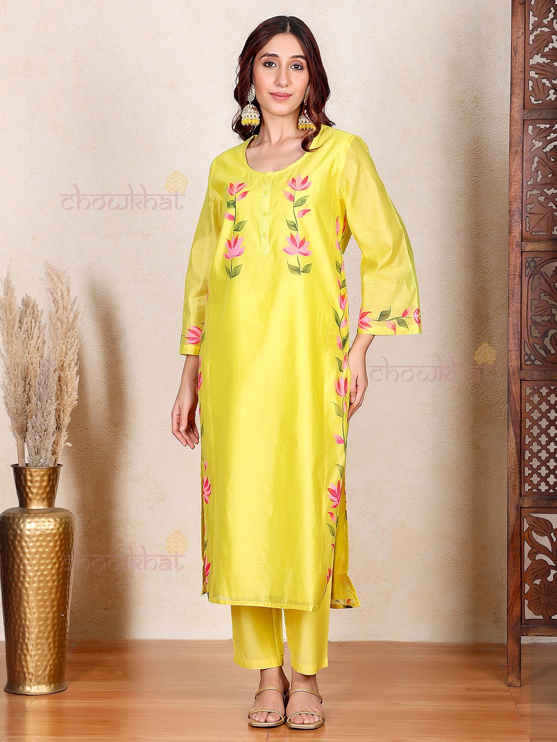 Kaira Hand Painted Chanderi Kurti & Pants Set - Chowkhat Lifestyle