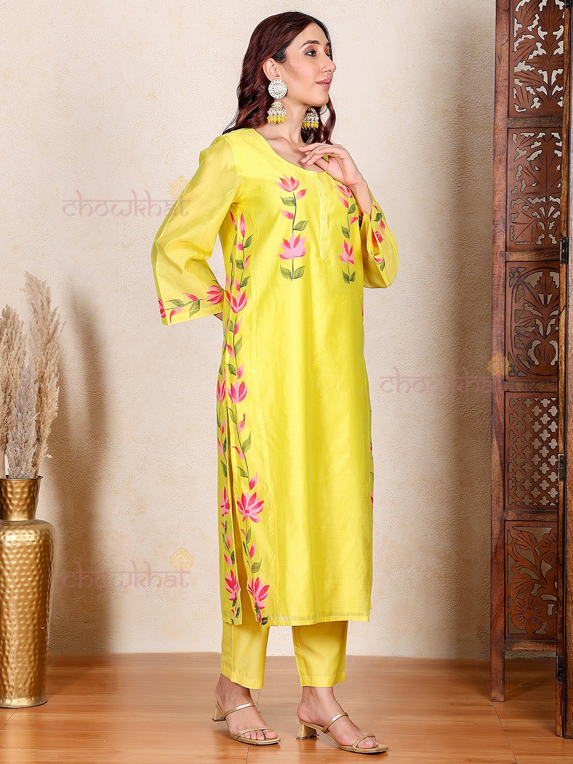 Kaira Hand Painted Chanderi Kurti & Pants Set - Chowkhat Lifestyle