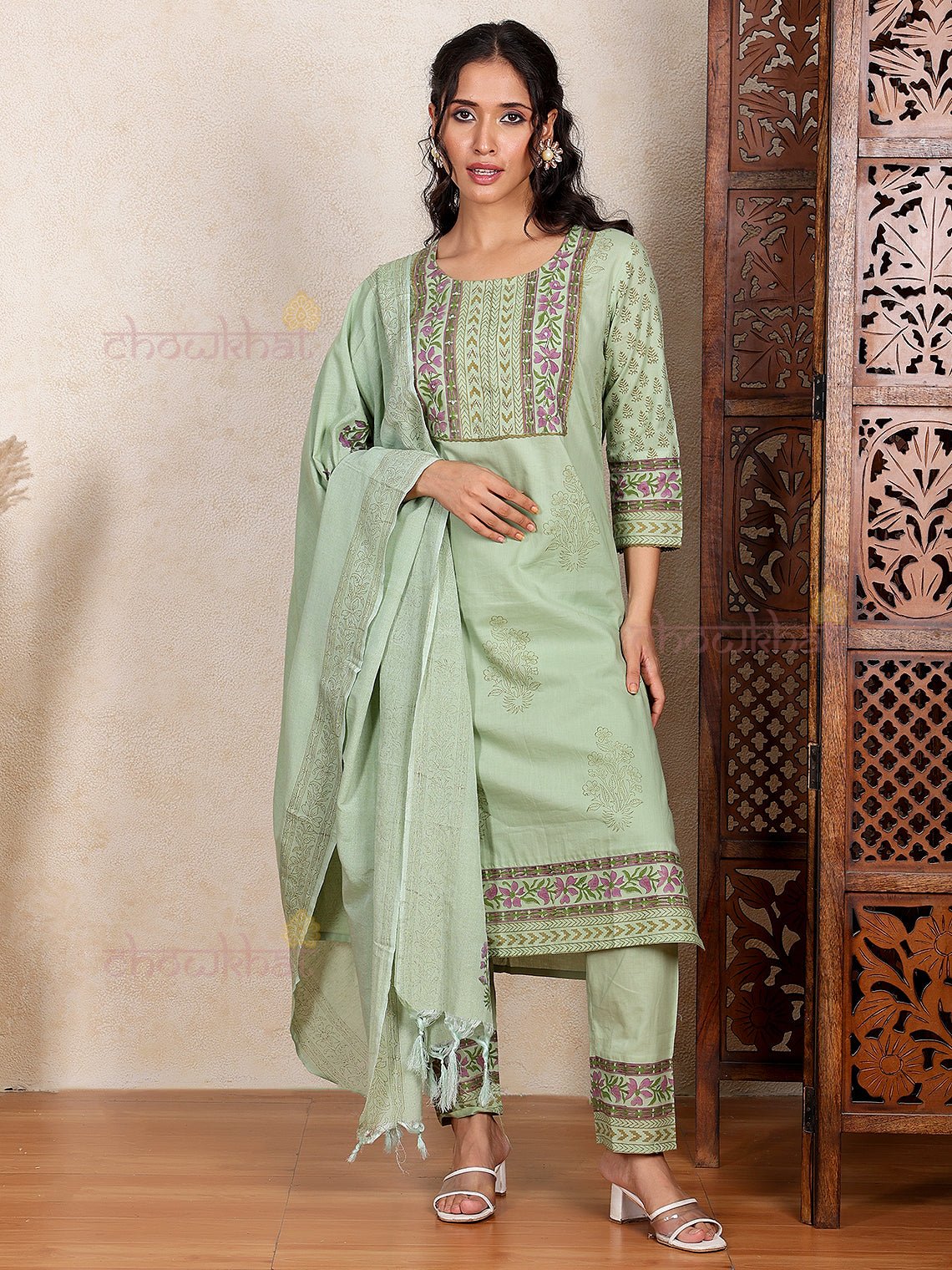 Ziya Cotton Hand Block Suit Set with Sequence Work - Chowkhat Lifestyle