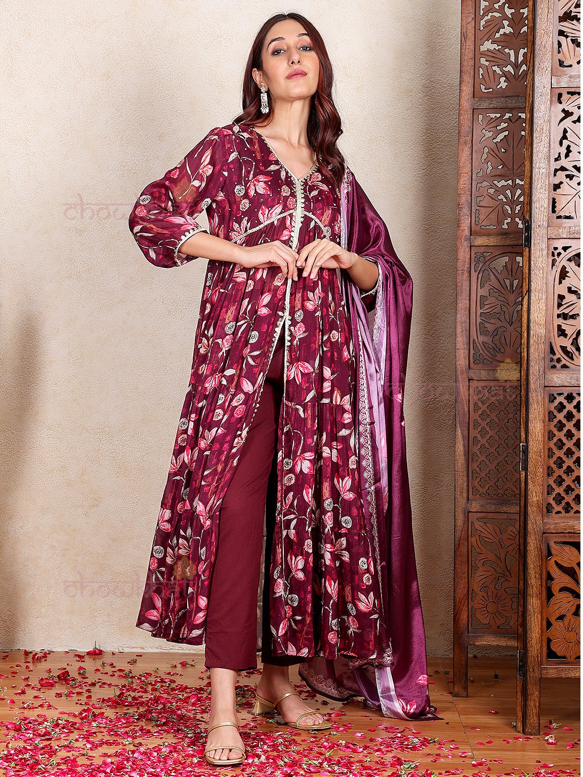 Saanvi Hand Embroidered Printed Front Slit Stitched Suit Set - Chowkhat Lifestyle