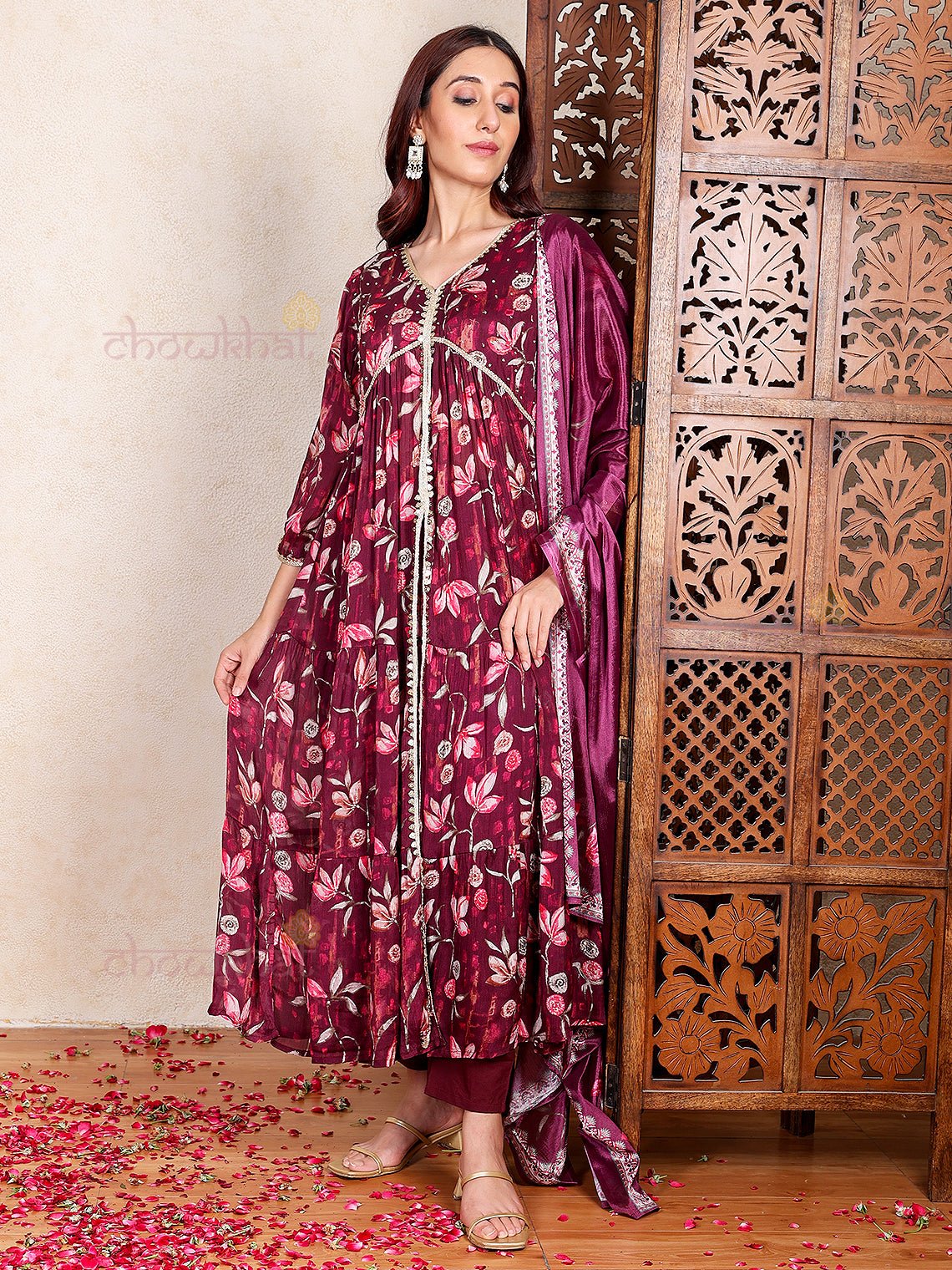 Saanvi Hand Embroidered Printed Front Slit Stitched Suit Set - Chowkhat Lifestyle