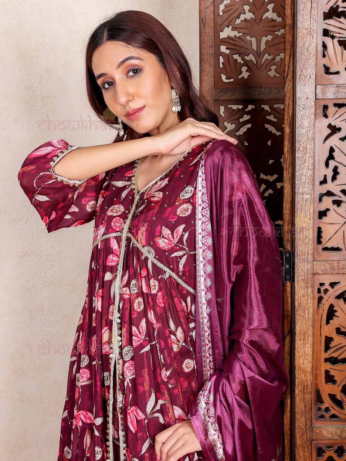 Saanvi Hand Embroidered Printed Front Slit Stitched Suit Set - Chowkhat Lifestyle