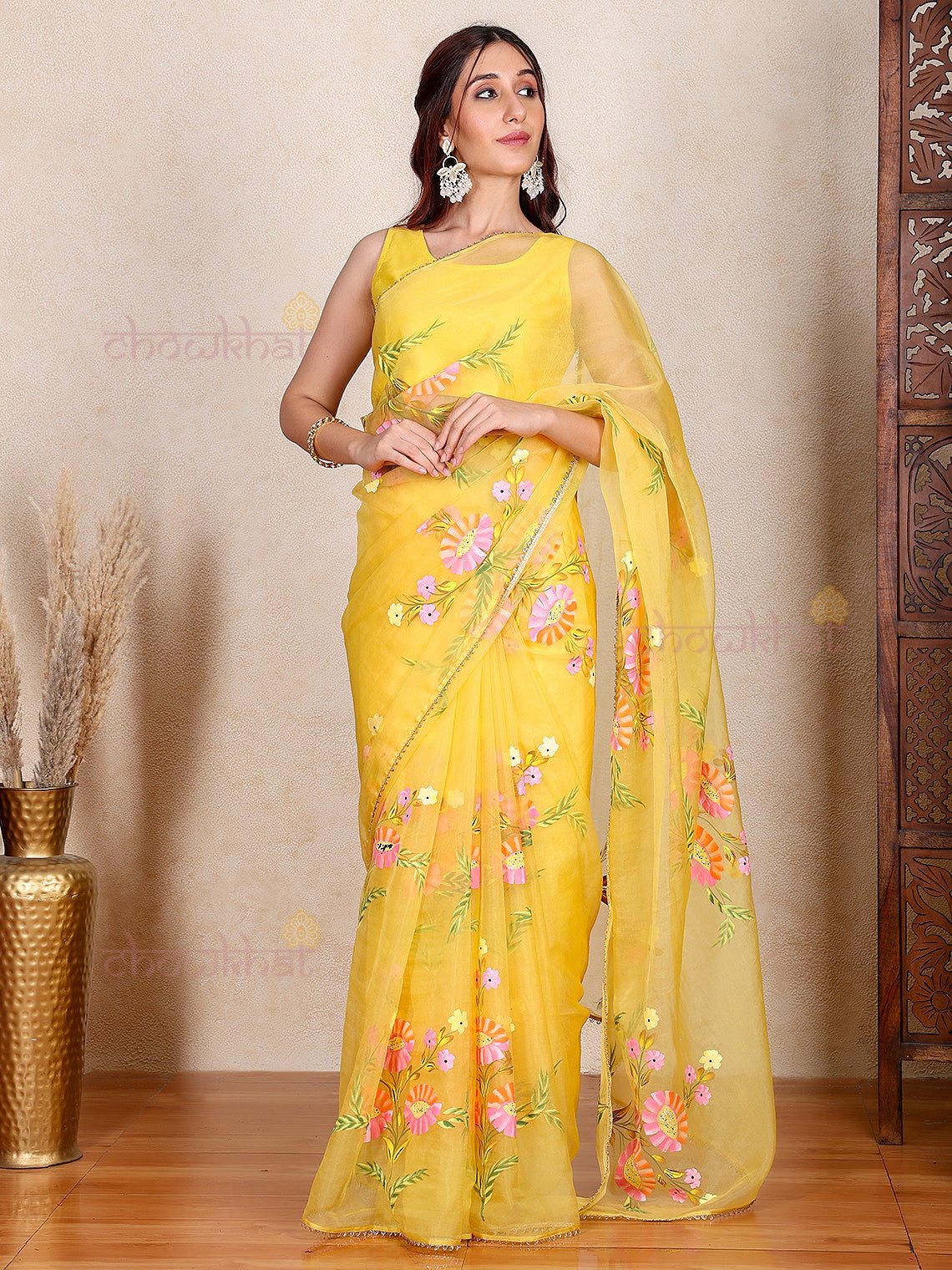 Arani Hand Painted Organza Saree with Lace Detaling - Chowkhat Lifestyle