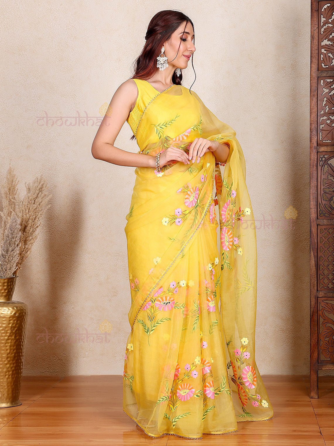 Arani Hand Painted Organza Saree with Lace Detaling - Chowkhat Lifestyle