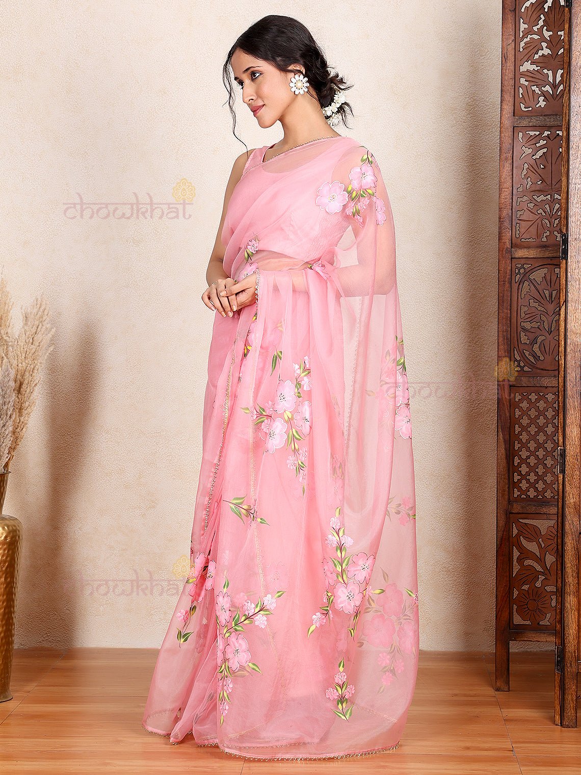 Gulabo Hand Painted Organza Saree with Lace Detaling - Chowkhat Lifestyle