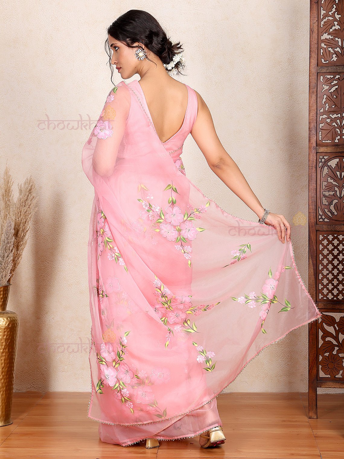 Gulabo Hand Painted Organza Saree with Lace Detaling - Chowkhat Lifestyle