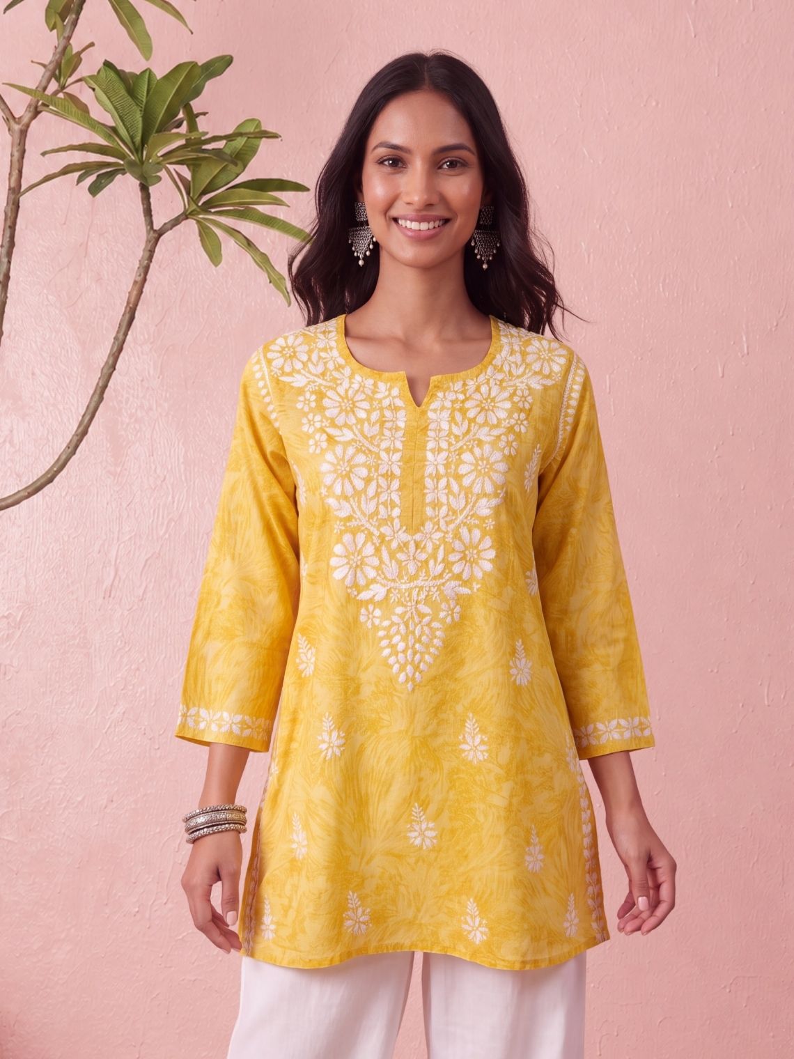 Yana Mul Cotton Short Handprinted Chikankari Kurti - Chowkhat Lifestyle