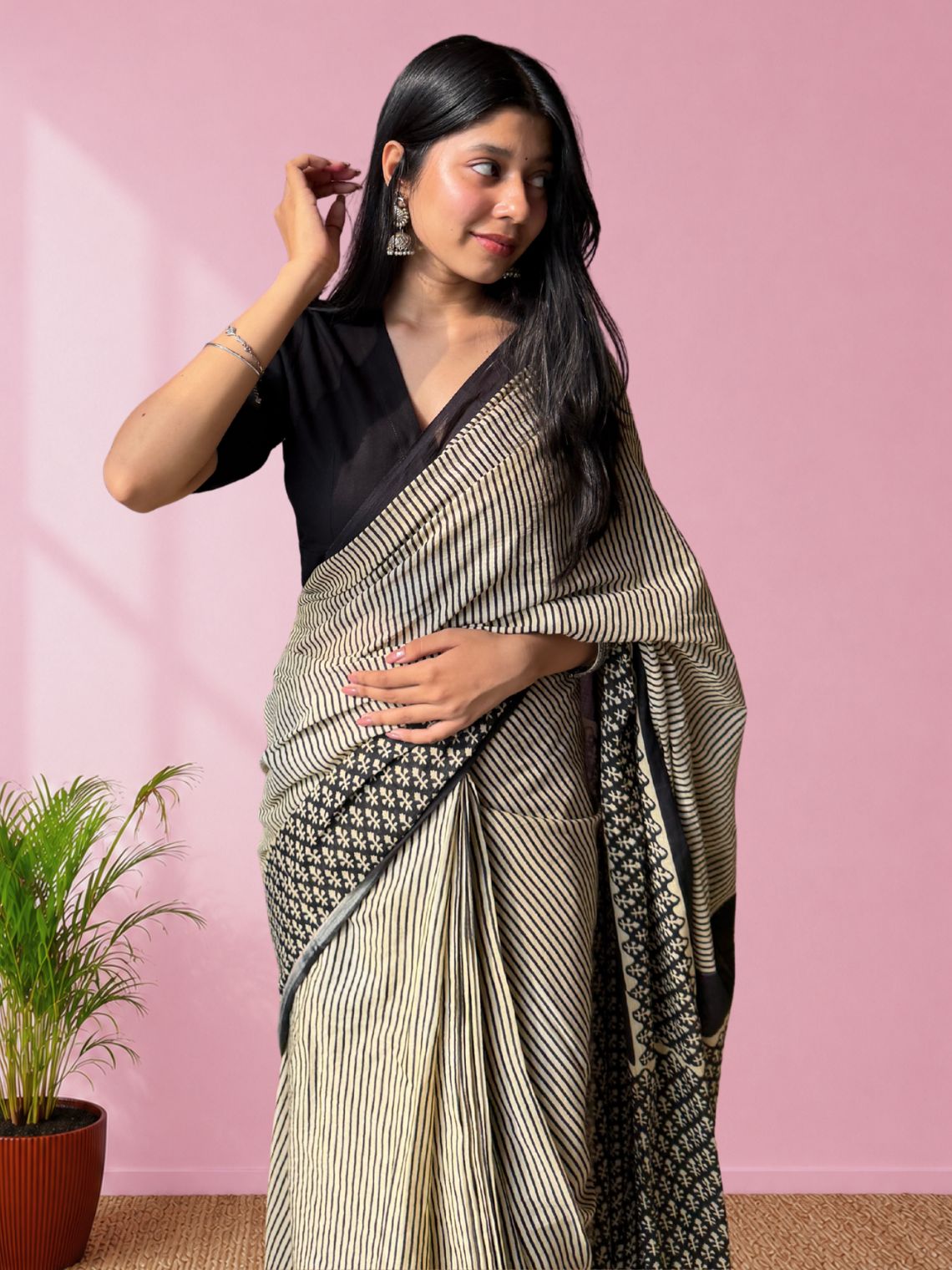 Reya Pre- Draped Hand Printed Mul Cotton Saree - Chowkhat Lifestyle