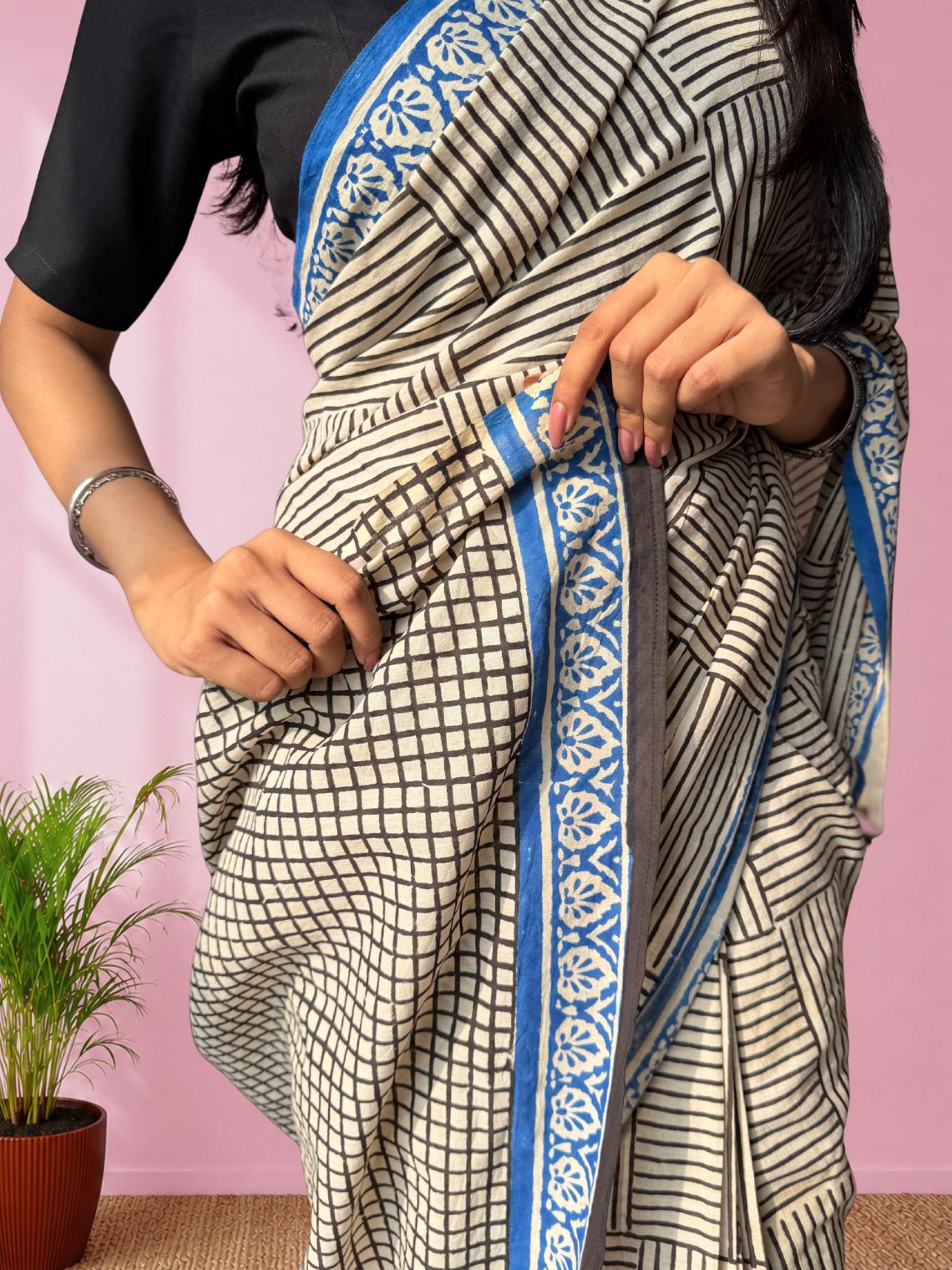 Sutra Pre- Draped Hand Block Mul Cotton Saree - Chowkhat Lifestyle