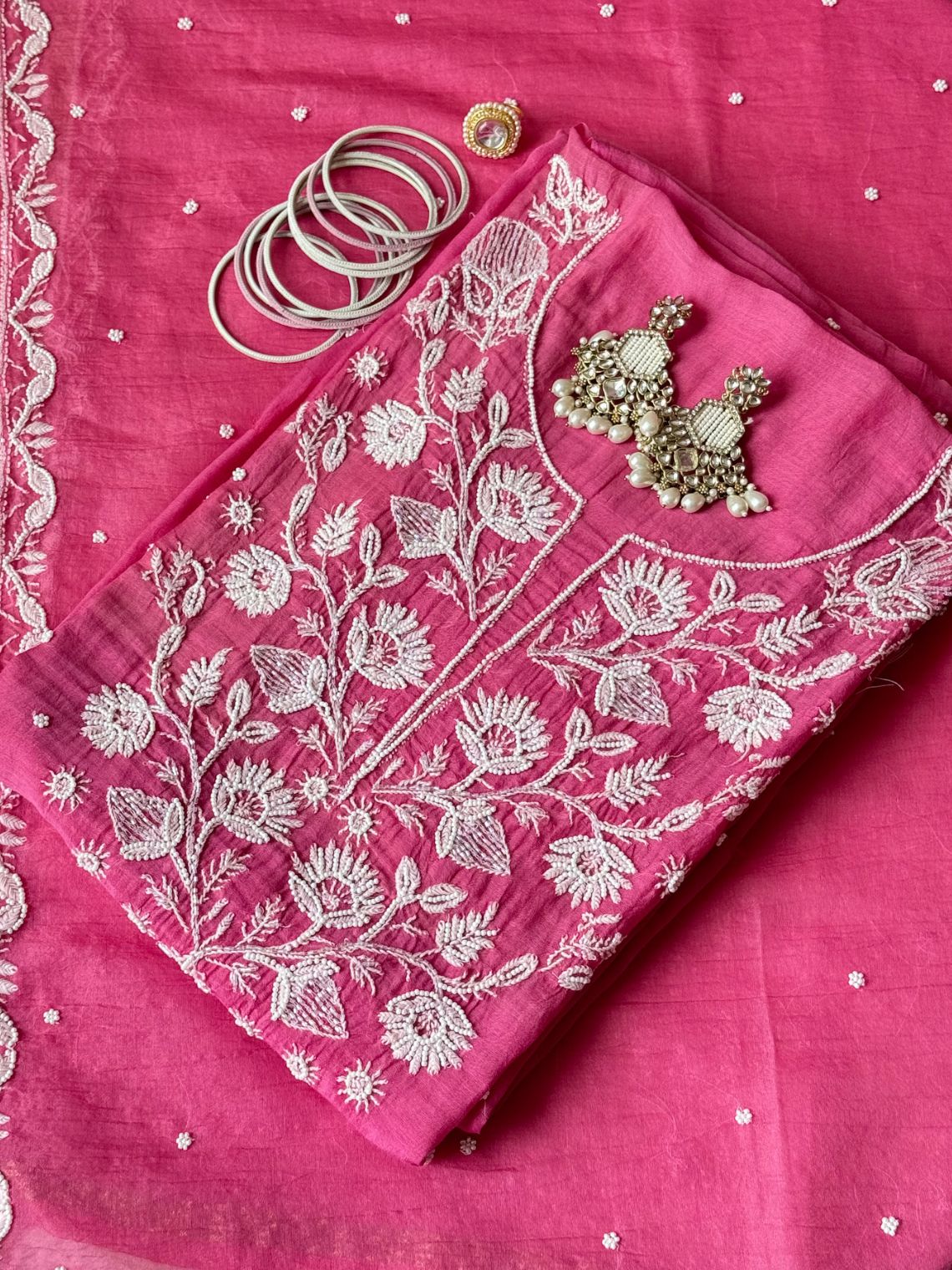 Ghazal Mul Chanderi Unstitched Chikankari & Pearl work Suit Set - Chowkhat Lifestyle