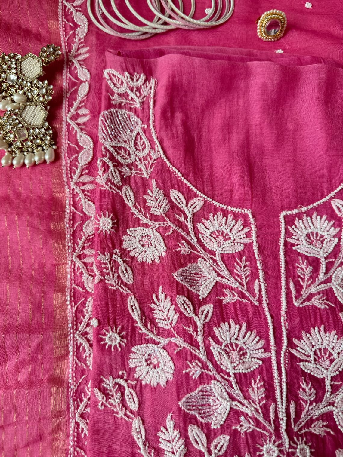 Ghazal Mul Chanderi Unstitched Chikankari & Pearl work Suit Set - Chowkhat Lifestyle