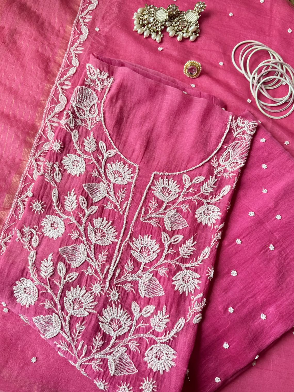 Ghazal Mul Chanderi Unstitched Chikankari & Pearl work Suit Set - Chowkhat Lifestyle