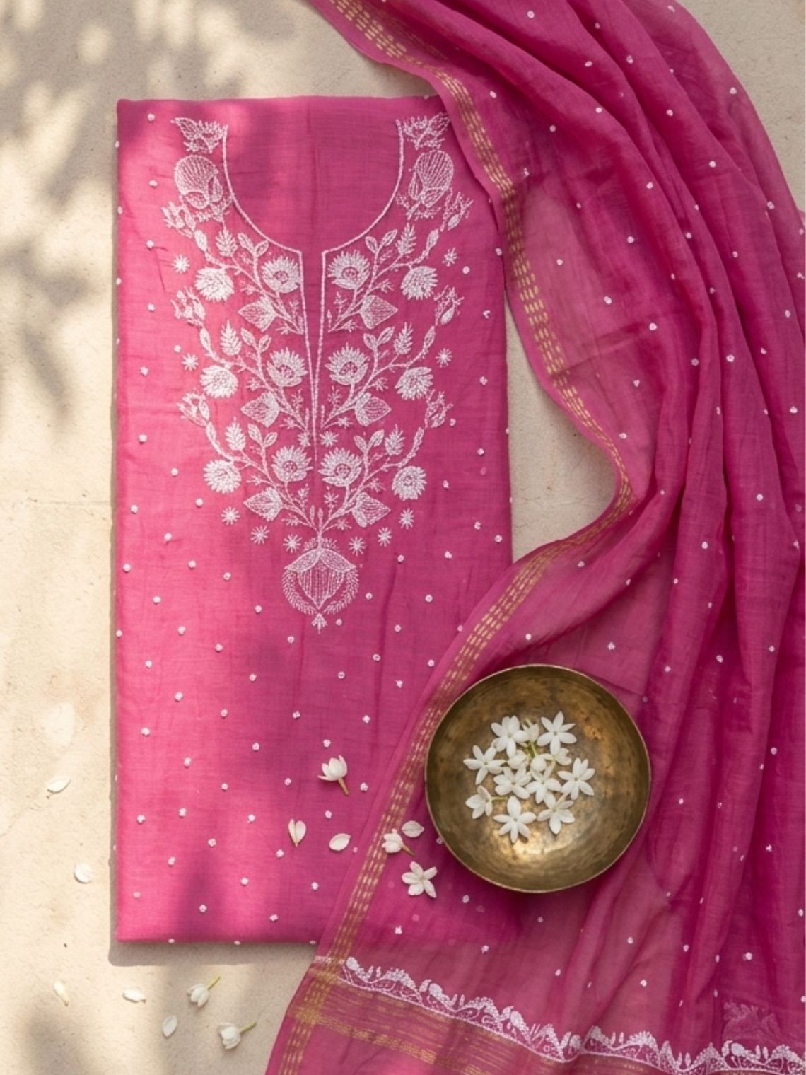 Ghazal Mul Chanderi Unstitched Chikankari & Pearl work Suit Set
