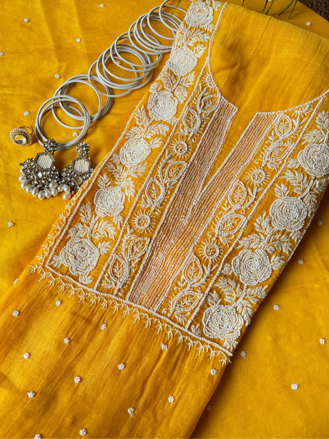 Ghazal Mul Chanderi Unstitched Chikankari & Pearl work Suit Set