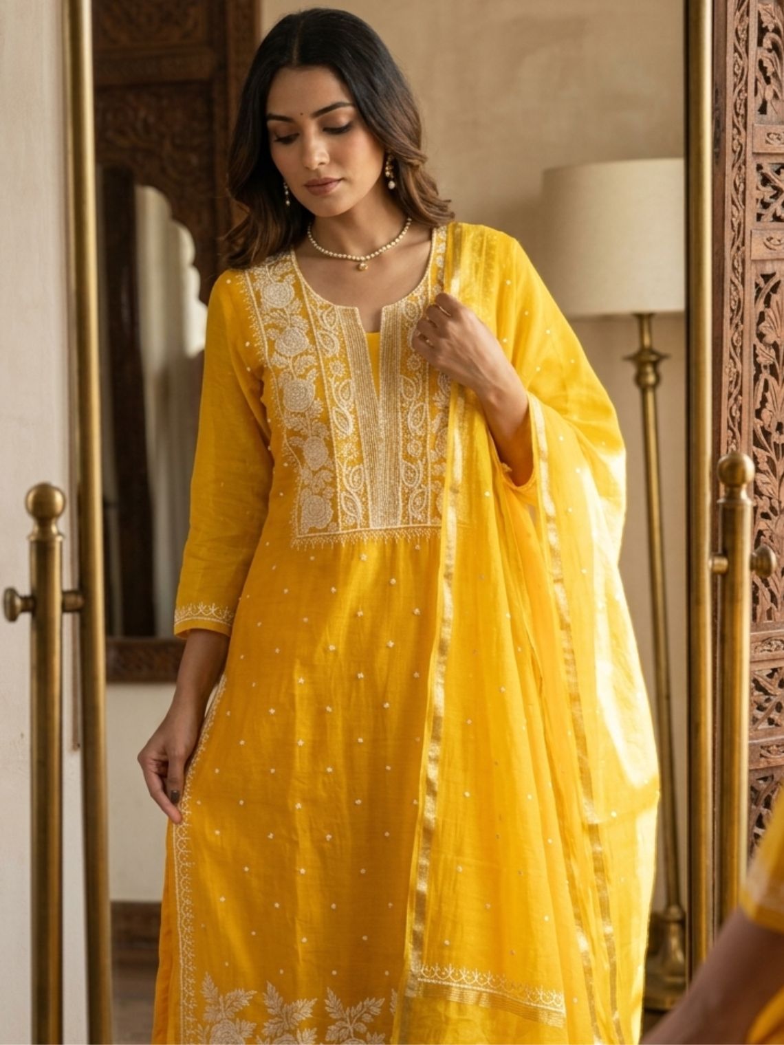 Ghazal Mul Chanderi Unstitched Chikankari & Pearl work Suit Set - Chowkhat Lifestyle