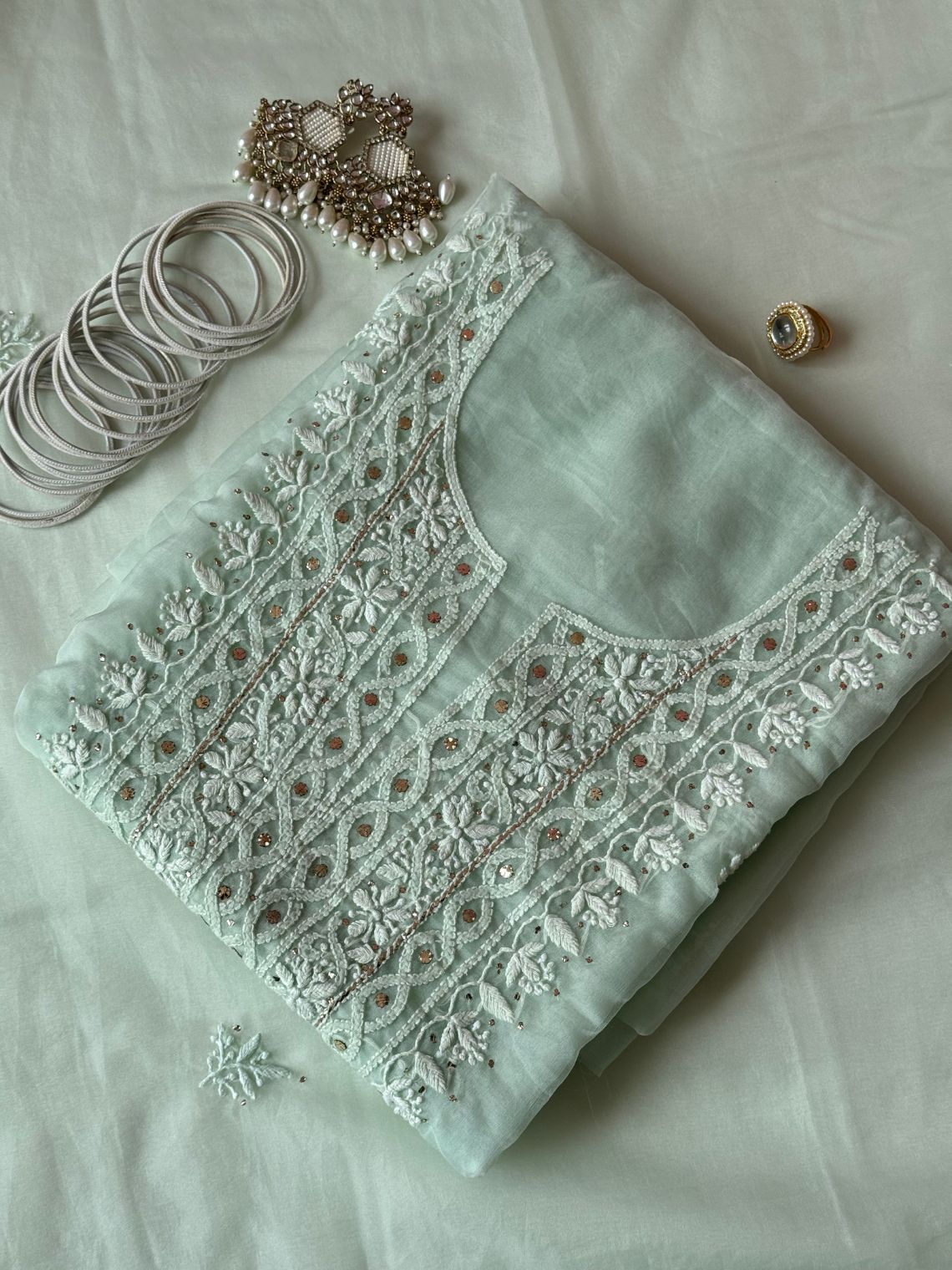 Kashish Organza Unstitched Chikankari & Mukaish Work Suit Set - Chowkhat Lifestyle