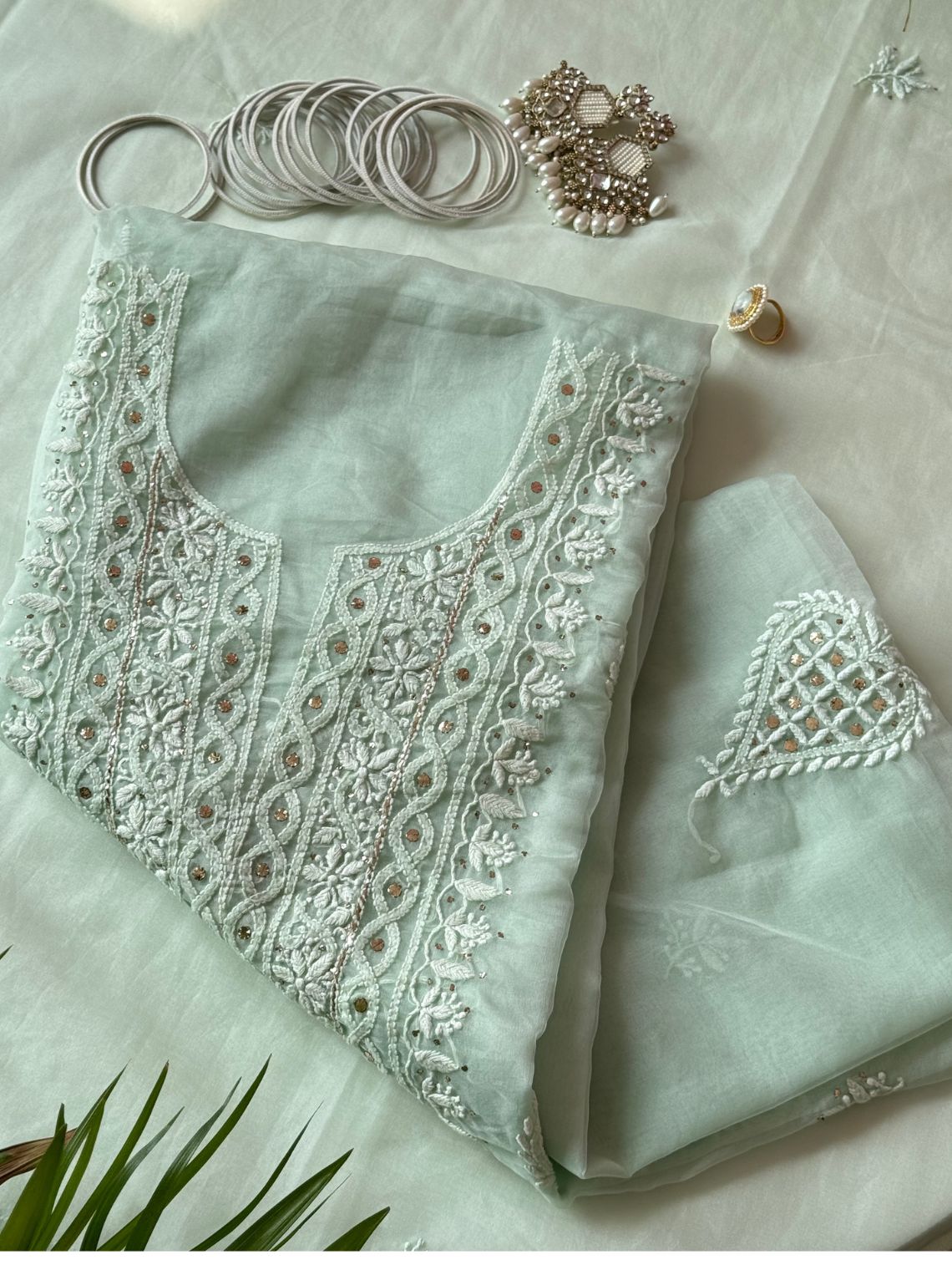 Kashish Organza Unstitched Chikankari & Mukaish Work Suit Set - Chowkhat Lifestyle