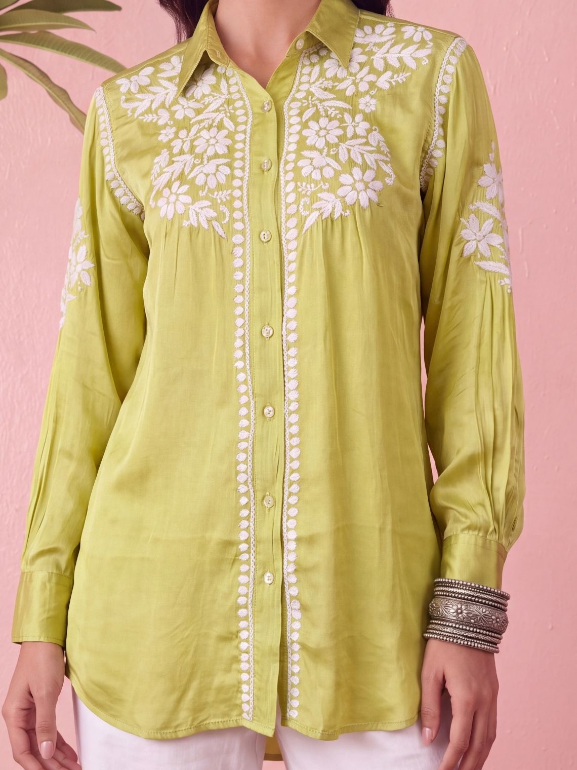 Kashika Modal Satin Chikankari High Low Shirt - Chowkhat Lifestyle