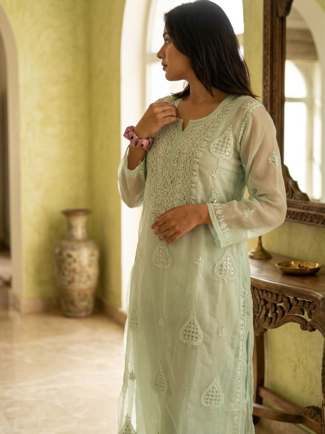 Kashish Organza Unstitched Chikankari & Mukaish Work Suit Set - Chowkhat Lifestyle