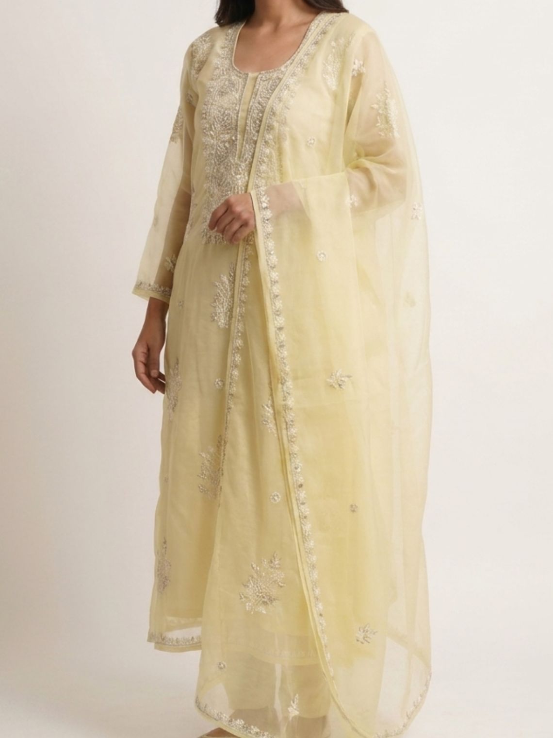 Saira Organza Unstitched Chikankari & Cutdana Work Suit Set - Chowkhat Lifestyle