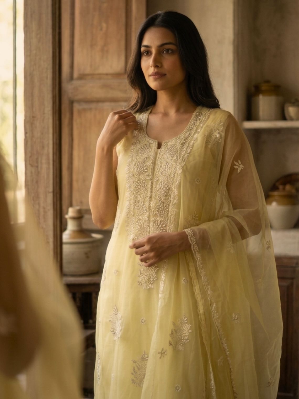 Saira Organza Unstitched Chikankari & Cutdana Work Suit Set - Chowkhat Lifestyle