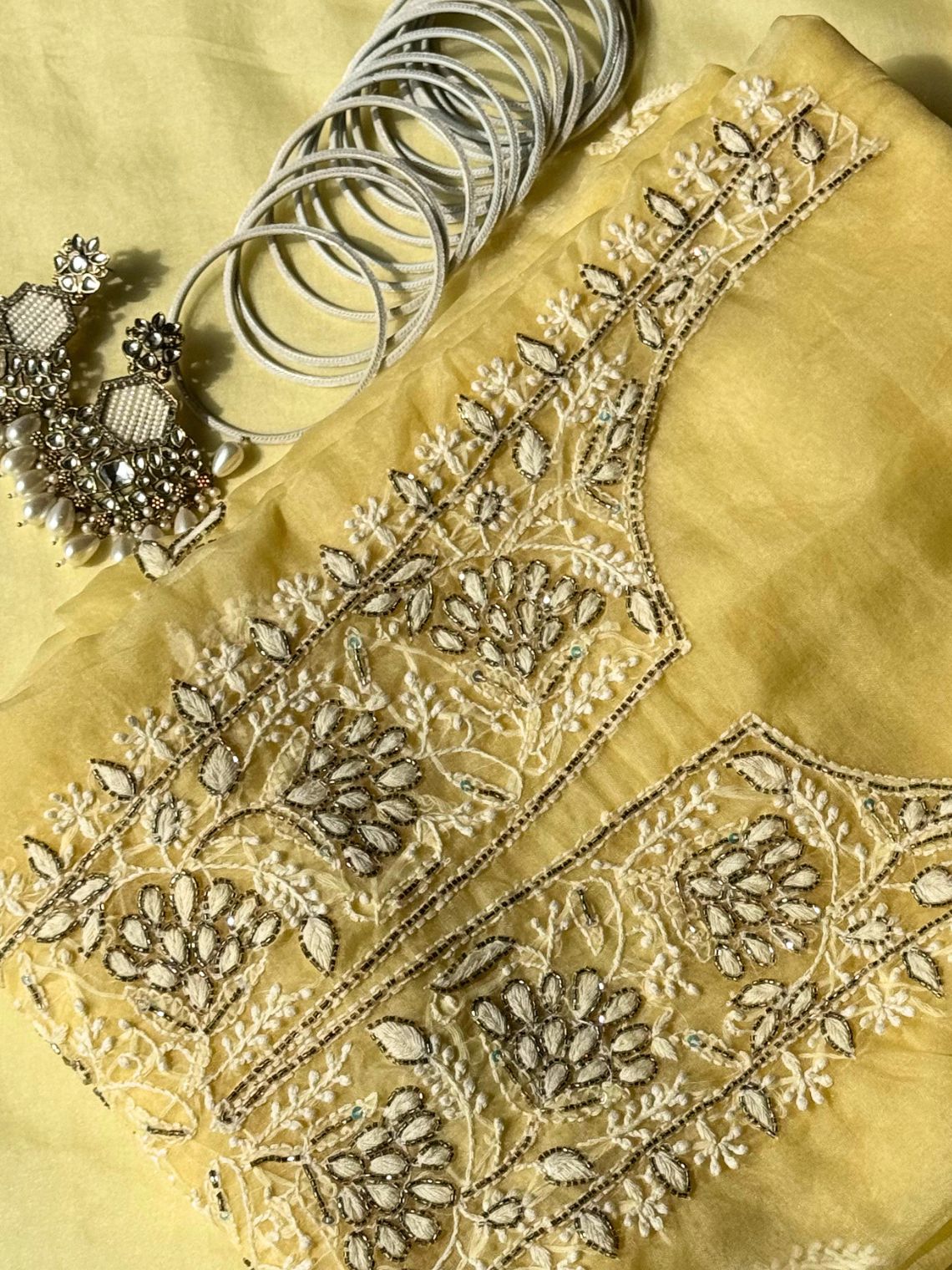 Saira Organza Unstitched Chikankari & Cutdana Work Suit Set - Chowkhat Lifestyle