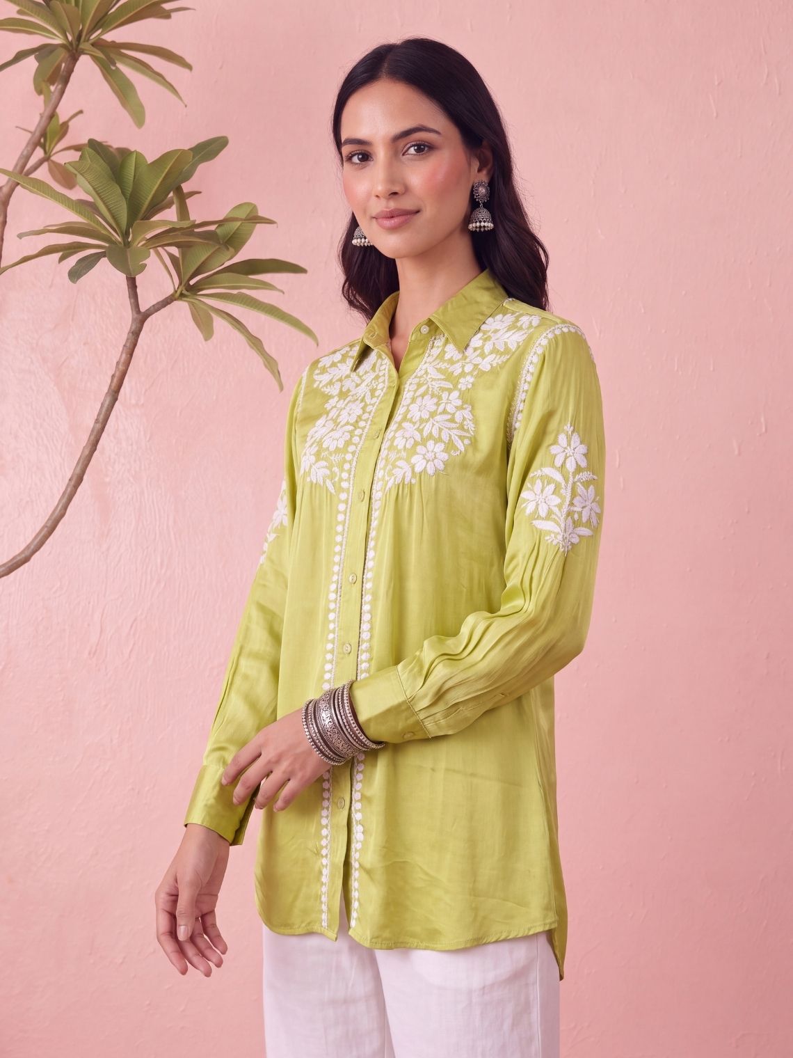 Kashika Modal Satin Chikankari High Low Shirt - Chowkhat Lifestyle