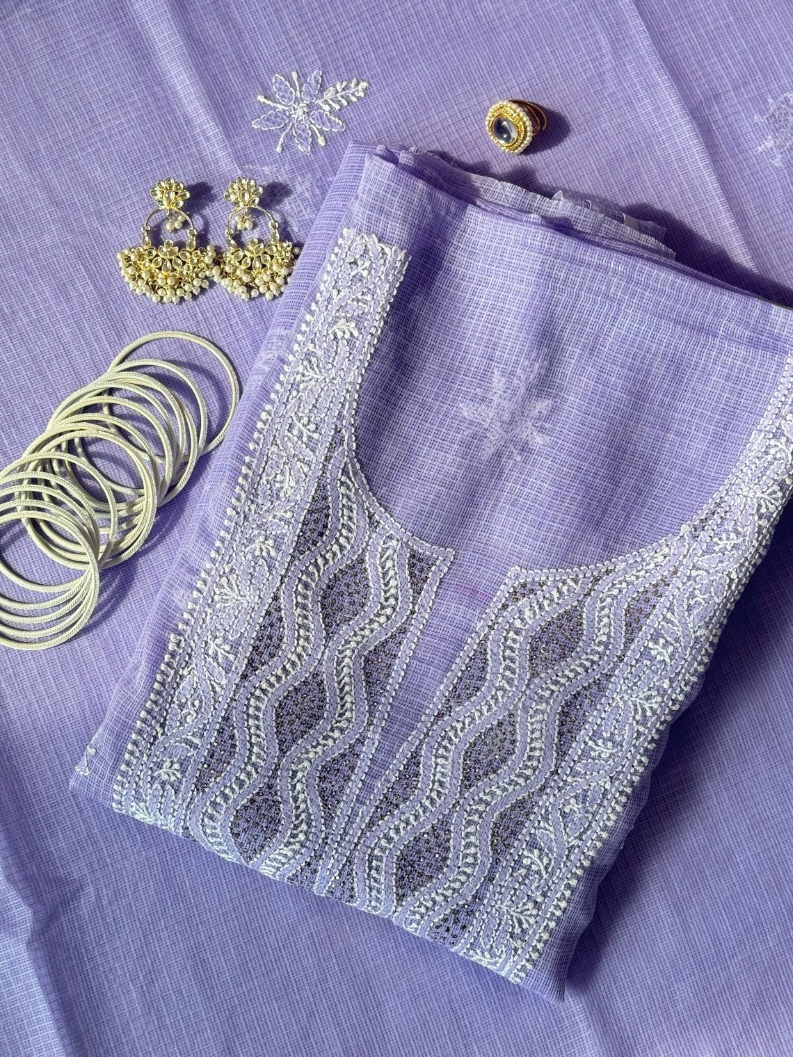 Seher Kota Doria Unstitched Chikankari & Mukaish work Suit Set - Chowkhat Lifestyle