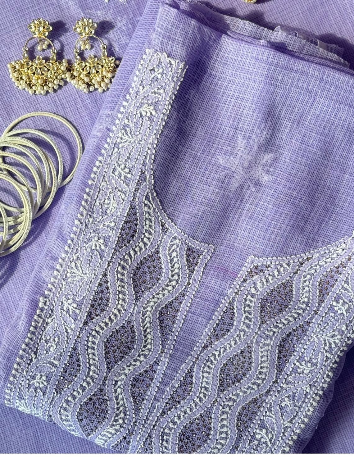 Seher Kota Doria Unstitched Chikankari & Mukaish work Suit Set - Chowkhat Lifestyle