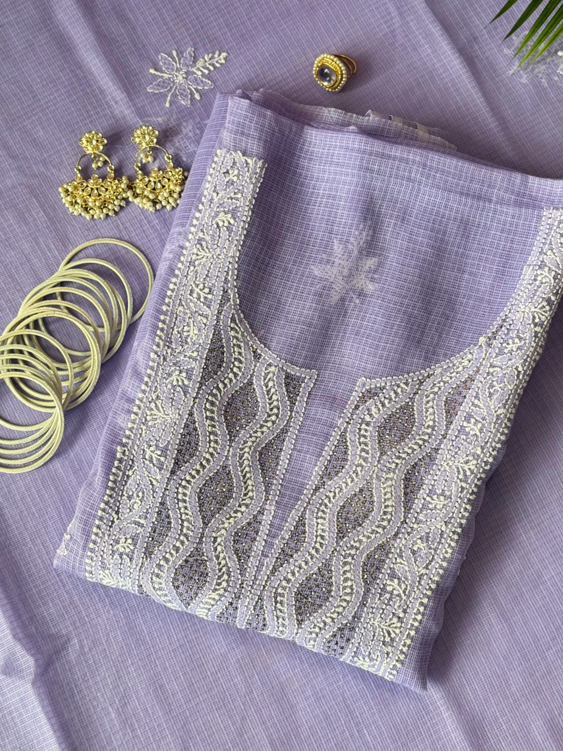 Seher Kota Doria Unstitched Chikankari & Mukaish work Suit Set - Chowkhat Lifestyle