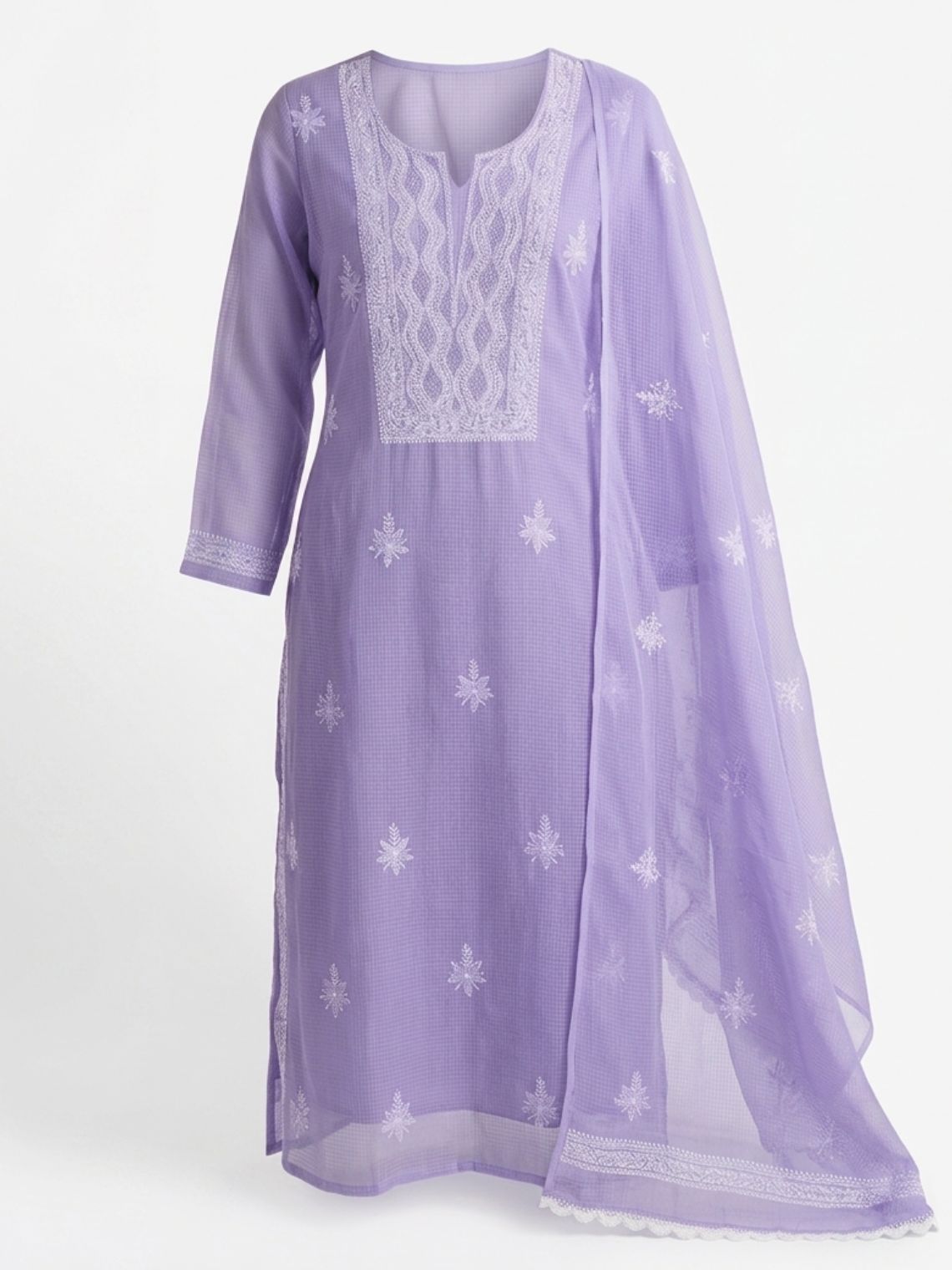 Seher Kota Doria Unstitched Chikankari & Mukaish work Suit Set - Chowkhat Lifestyle