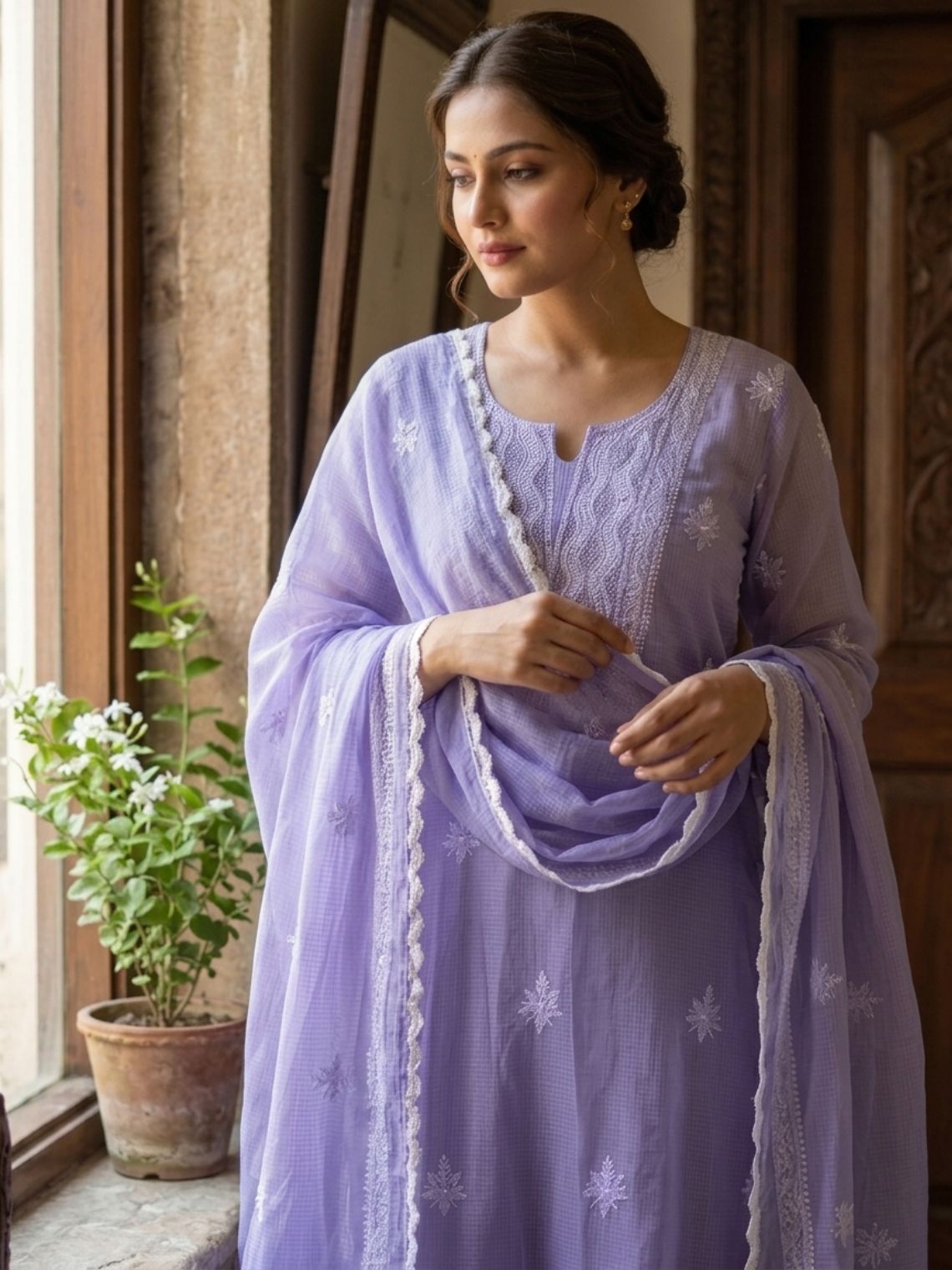 Seher Kota Doria Unstitched Chikankari & Mukaish work Suit Set - Chowkhat Lifestyle
