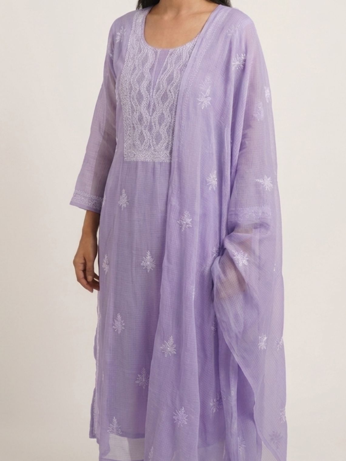 Seher Kota Doria Unstitched Chikankari & Mukaish work Suit Set - Chowkhat Lifestyle