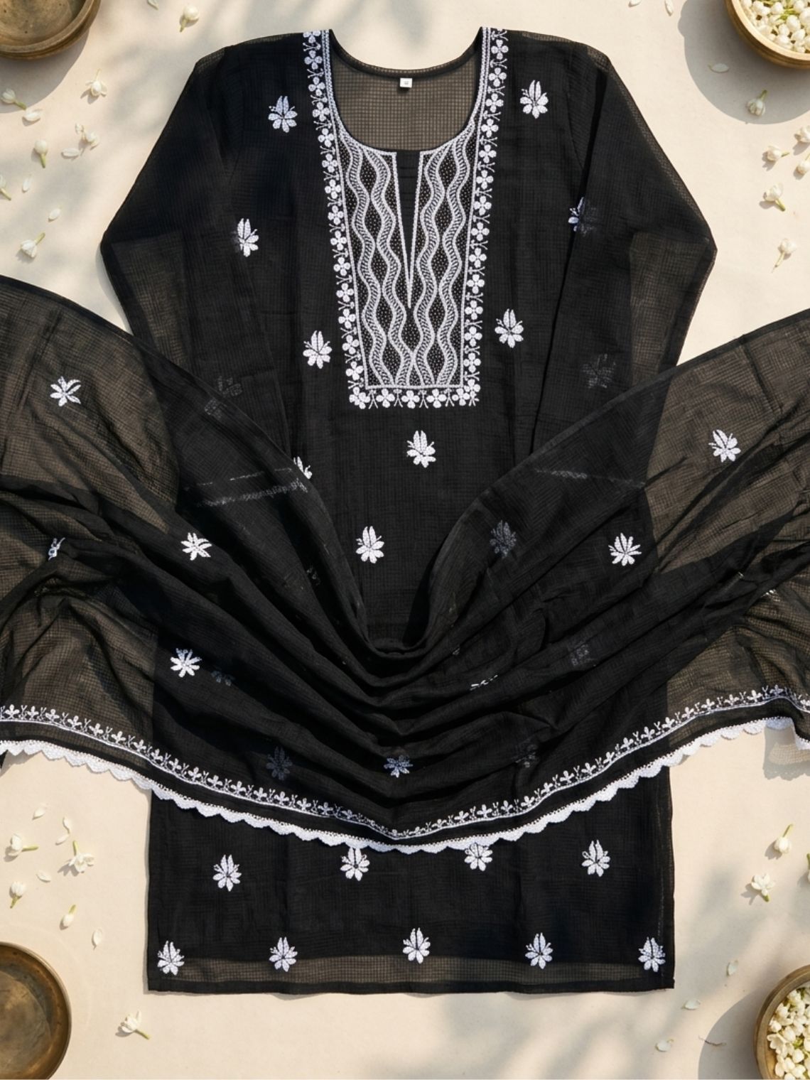 Seher Kota Doria Unstitched Chikankari & Mukaish work Suit Set - Chowkhat Lifestyle
