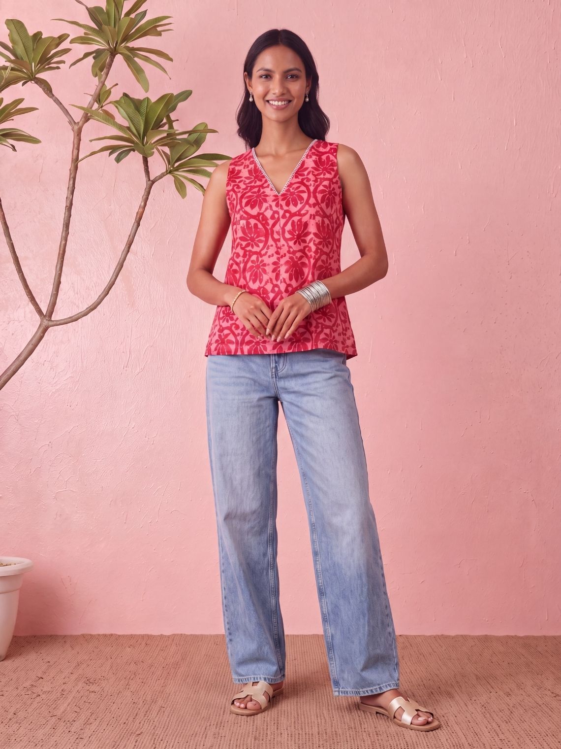 Fiza Handprinted Cotton Top with Blanket Stitch Detailing - Chowkhat Lifestyle
